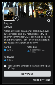 Reddit self profile screenshot showing follower count